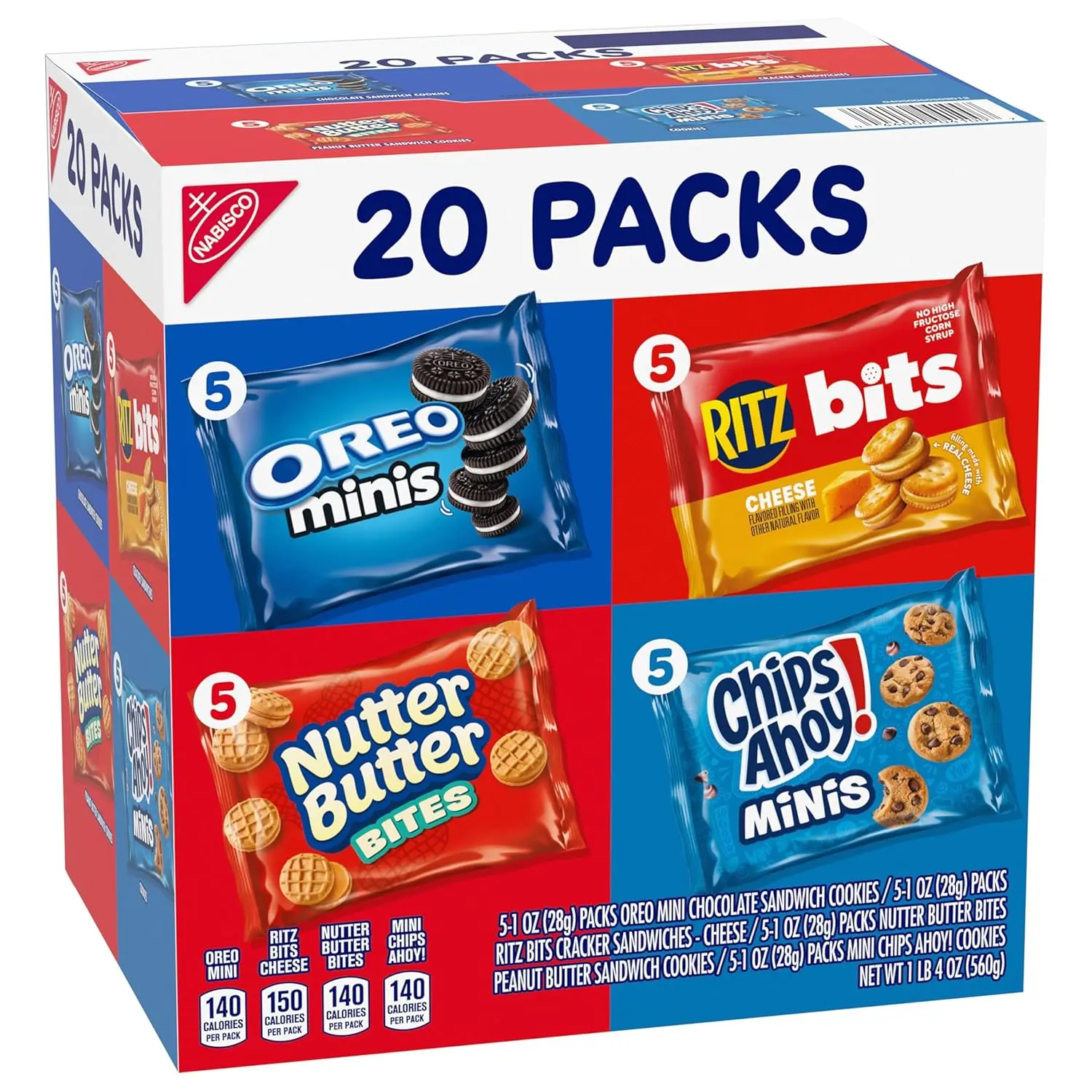 Nabisco Snacks Variety Pack, 4 Flavors, Cookies & Crackers, 20 Snack Packs | OREO Minis, NUTTER BUTTER Bites, CHIPS AHOY! Minis Cookies, and RITZ Bits Cheese Sandwich Crackers, Individually Wrapped