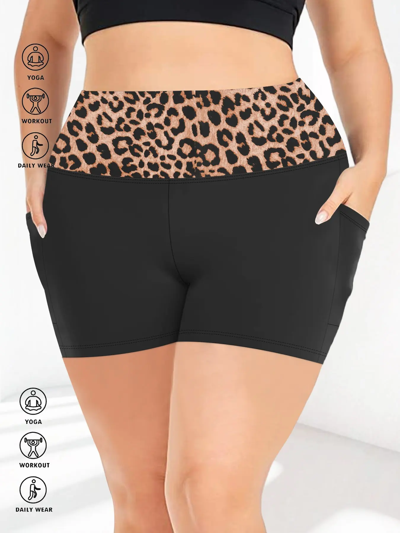 Women's Plus Size Leopard Print High Waisted Shorts, High Stretch Soft Fabric, Tight Fit Three-Quarter Pants, Side Pockets, Fashionable Comfortable, Fitted, Womenswear