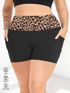 Women's Plus Size Leopard Print High Waist Shorts, High Stretch Soft Fabric, Tight Fit Three-Quarter Pants, Side Pockets, Fashionable Comfortable, Womenswear