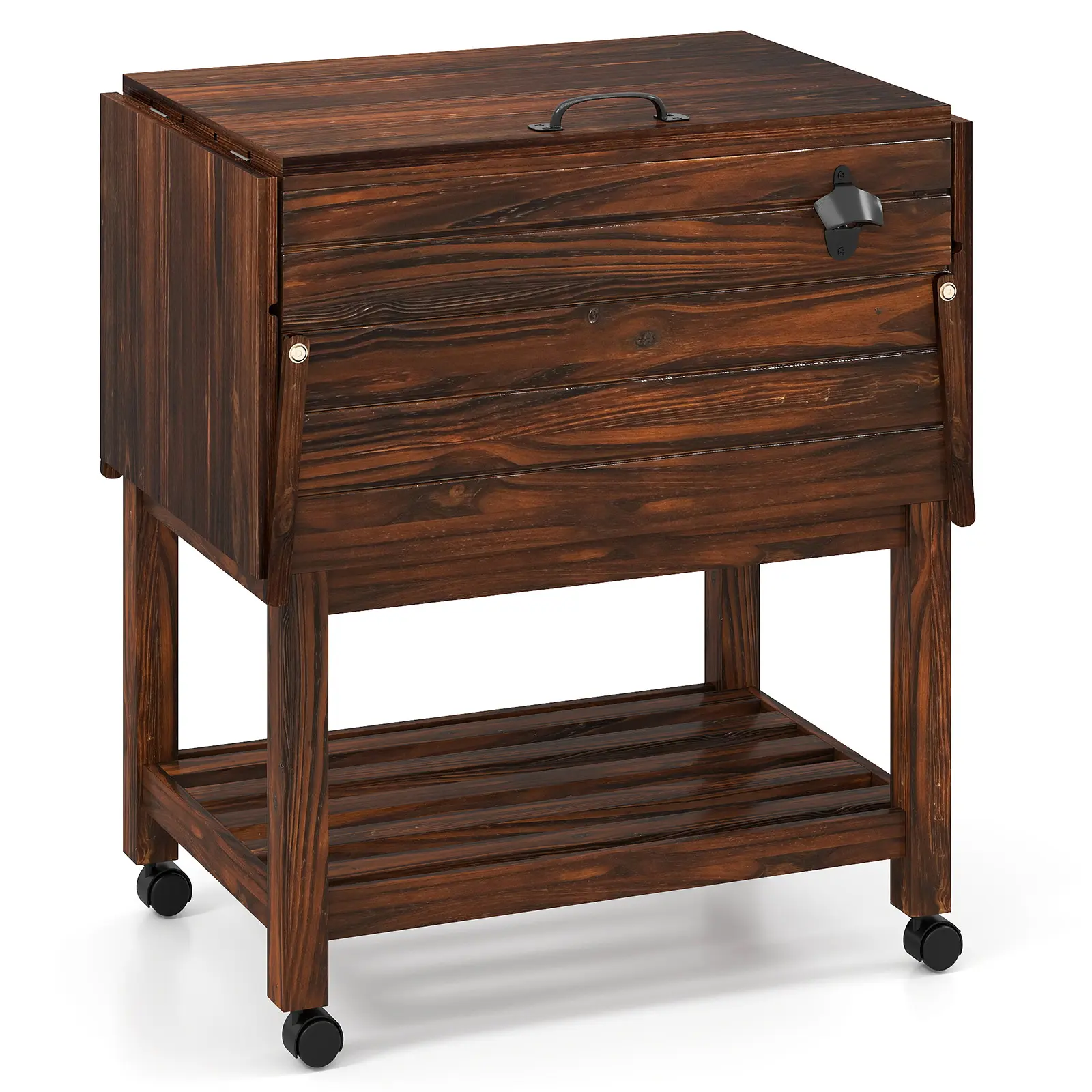 COSTWAY - 54 Quart Wooden Cooler Cart for Patio Rolling Ice Chest with Shelves-Brown COSTWAY - 54 Quart Wooden Cooler Cart for Patio Rolling Ice Chest with Shelves-Brown