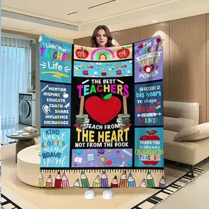 Teacher Heart Quote Patchwork Flannel Blanket, Multifunctional Camping Travel Throw, Room Decoration Blanket, All Seasons Gift