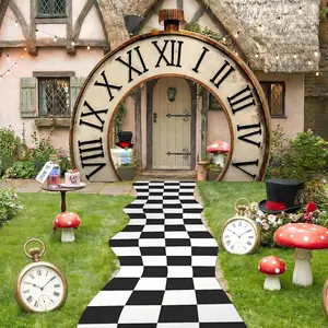 Wonderland Clock Party Decorations Clock Door Banner Black White Checkered Aisle Runner Tea Party Decoration Hanging Timepiece Backdrop Photo Props Background for Newborn Fairytale Birthday