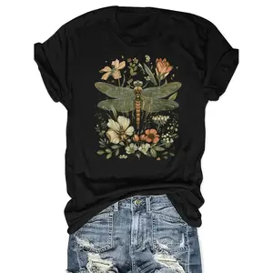 Fashion Floral Dragonfly Bohemian Women'S Patterned Printed Casual Short-Sleeve - a Perfect Choice for a Fitted Round-Neck Women'S T-Shirt for Spring And Summer.