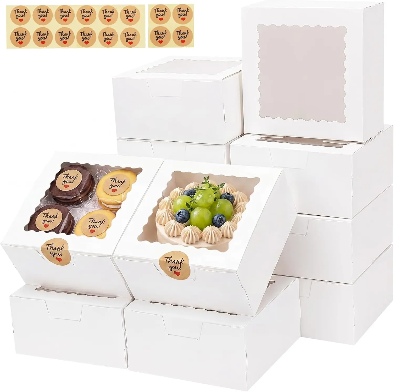 16pcs Cookie Boxes with Window, 6x6x3 Inches Bakery Boxes for Treats, Chocolate Covered Strawberries, Cupcake, Pastry(with Stickers)