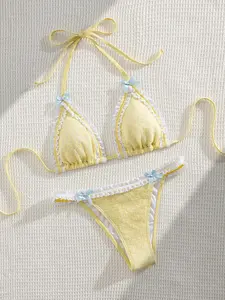 Women's Pastel Yellow Lace Trim Halter Bikini Swimsuit, 2-Piece Triangle Top with Adjustable Straps, Tie-Side Bottoms, Bow Accents, Sun-Ready Bathing Suit Set for Summer Vibes, Bathing Suit Women Set