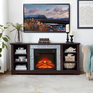 Mantel Electric Fireplace Stone TV Media Stand with Faux Stacked Stone Surround, Modern Entertainment Console with Open Storage Space with 18" Fireplace Insert ,Grey, 58.31"W*15.39"D*26.06"H