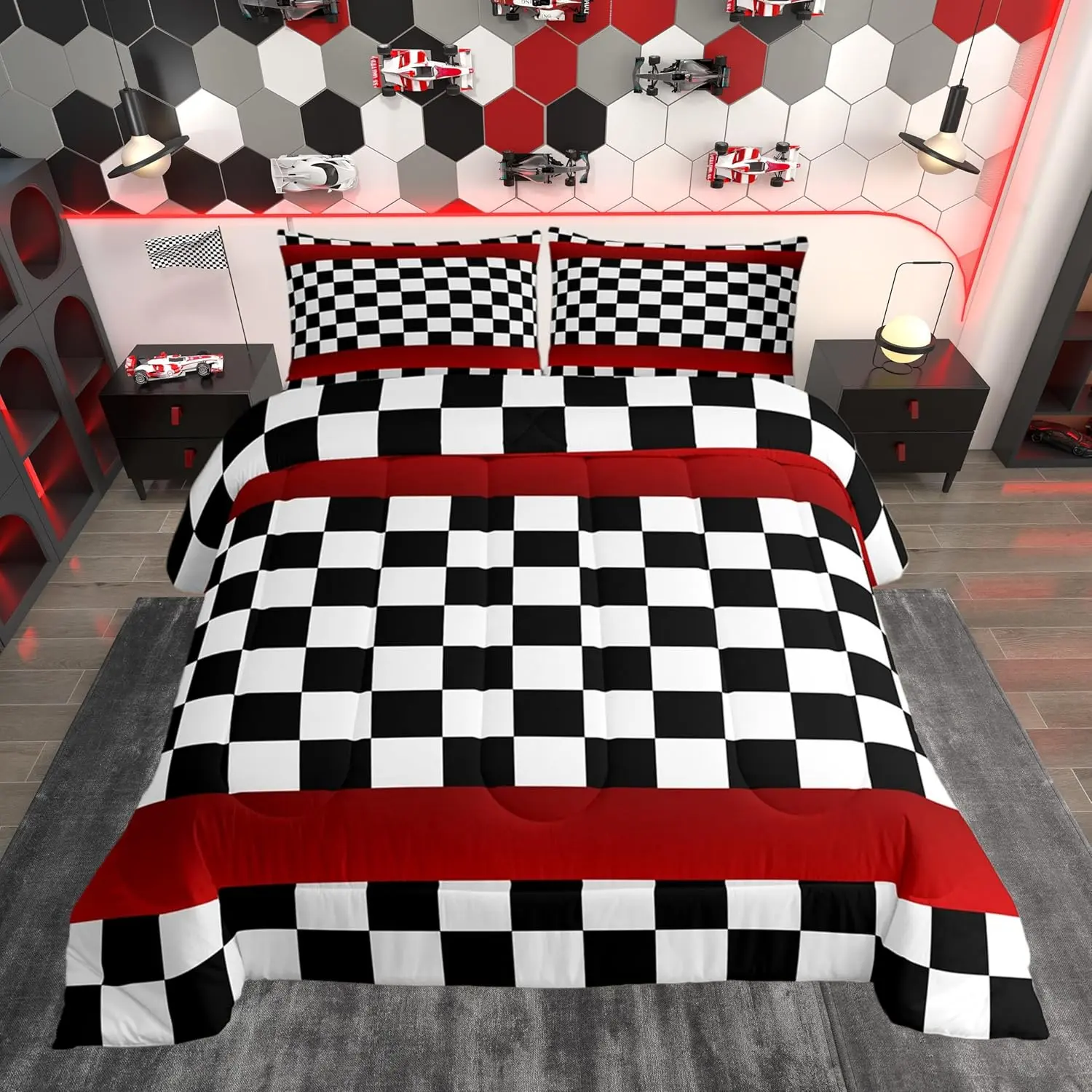 Black White Red Comforter Set,Racing Car Quilt Set Soft Bed Collection,Checkered Squares Bedding Comforter Room Decor