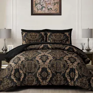 Black Comforter Set Queen Size, Gold Damask Texture 7 Pieces Bed in a Bag Microfiber Comforter Bedding Sets -1 Comforter, 1 Flat Sheet, 1 Fitted Sheet, 2 Pillow Shams, 2 Pillowcases