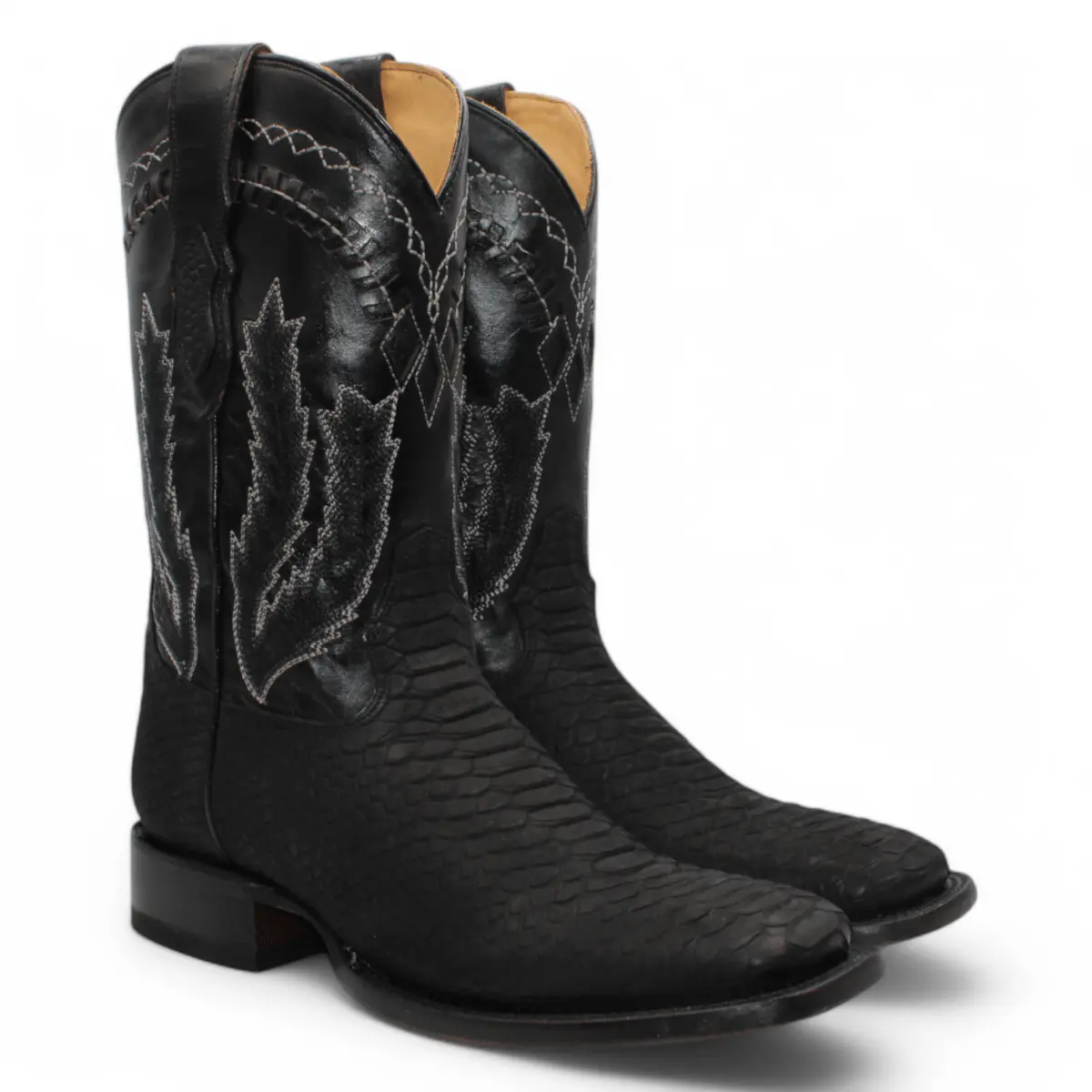 Men's Fake Python Print Leather Square Toe Boots - Black
