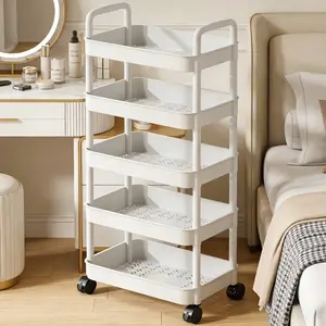 5-Tier Mobile Standing Storage Rack, Multi-Layer Rolling Cart for Bedroom Kitchen, Organizer Shelf for Small Items, Bedside Storage Racks