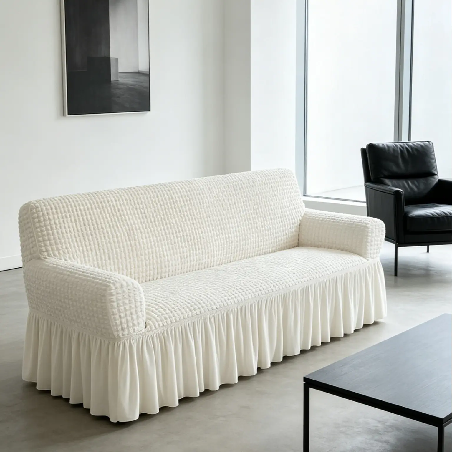 Sofa Slipcover Seersucker 1 Pc White High Elastic Stretch Wrinkle Resistant Machine Washable Durable All-Season for Home Living Room Decor, Sofa Couch Protector, Sofa Furniture Slipcovers