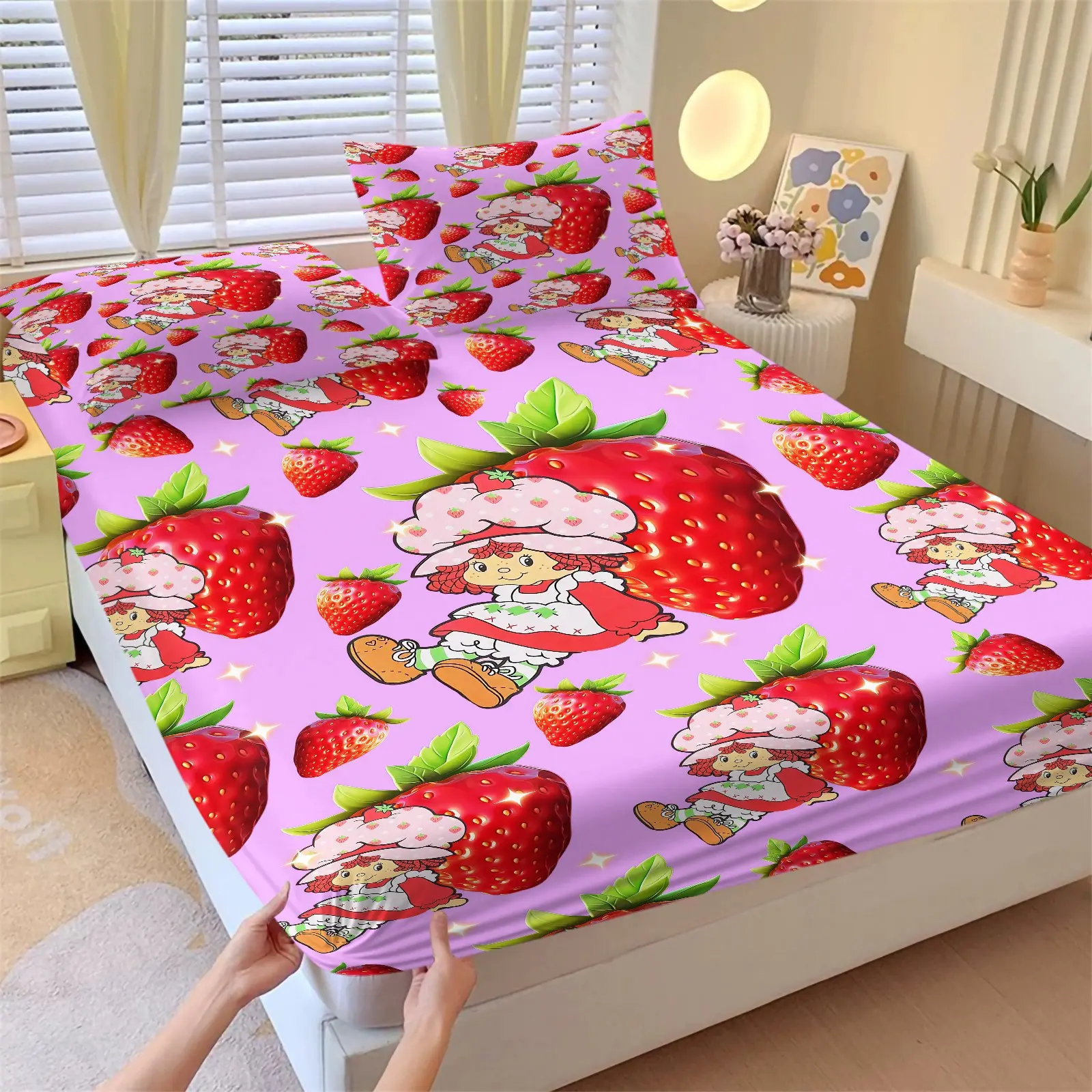 Sparkle Strawberry Shortcake Fitted Sheet Set, 3 Pcs Ultra Soft Wrinkle Resistant Bed Sheets with 360° Snug Fit, Pink Kawaii Strawberry Print Fitted Sheet for Kids Bedroom, Full Size Soft Bedding