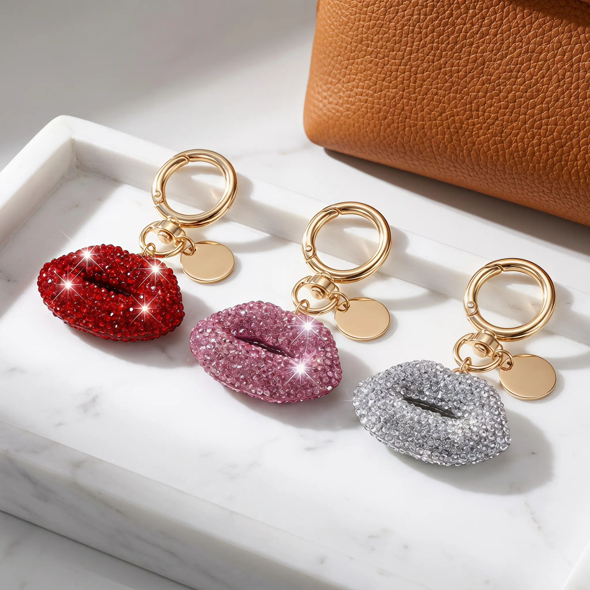 【SummerWins】Rhinestone Lips Shape Keychain, Sparkly Crystal Lip Bag Charm Pendant, Metal Spring Ring Key Holder, Fashion Accessories for Handbags Backpack Keys