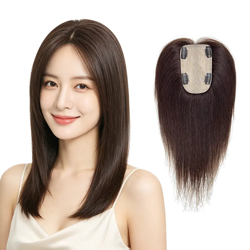 Women's Real Human Hair Topper with Bangs - Volumizing, High Root Lift, Gray-Covering, Lightweight, Invisible, Natural-Look Top Piece (Natural Black, Light Brown, Dark Brown, Platinum Blonde, Maillard Color)