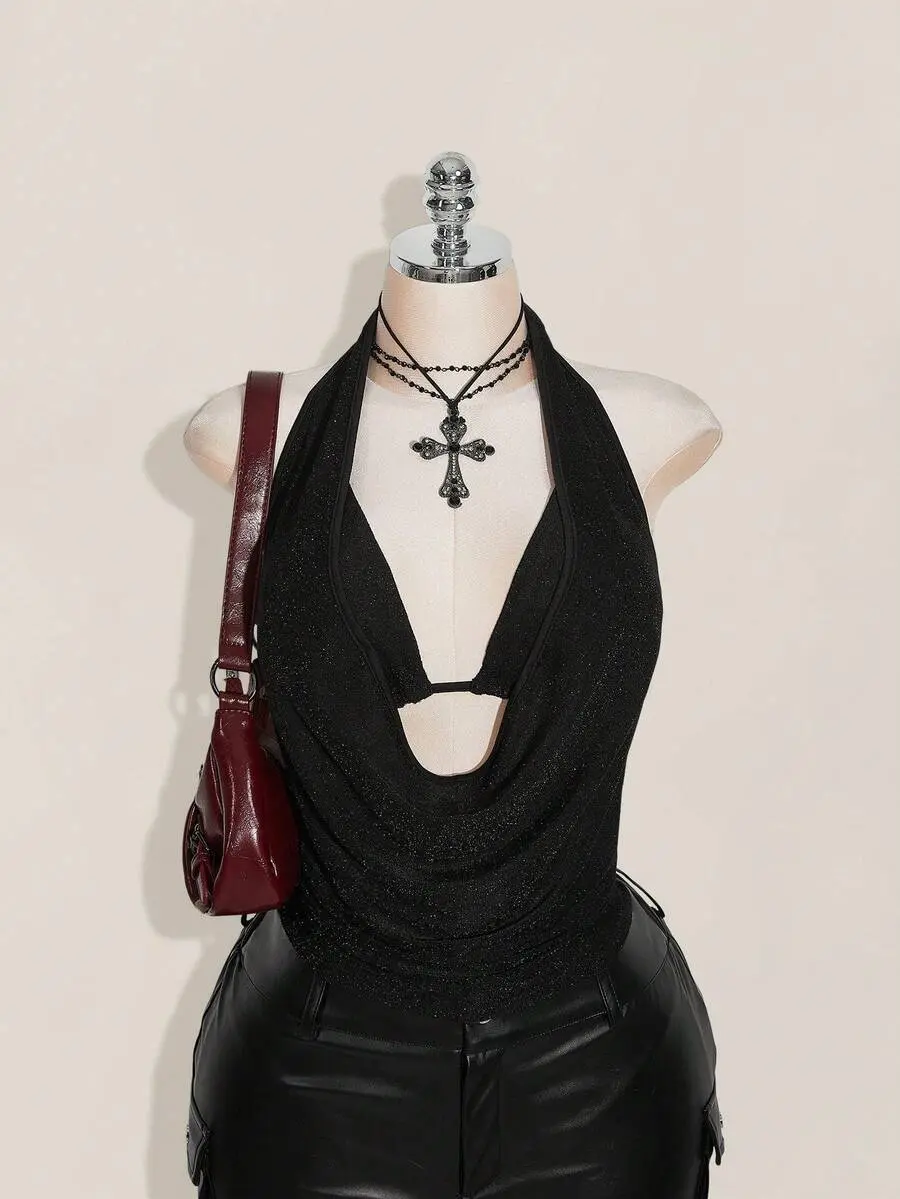 Plus Size Halter Tank Top Metallic Backless Cami for Concert Club Halloween Night Out