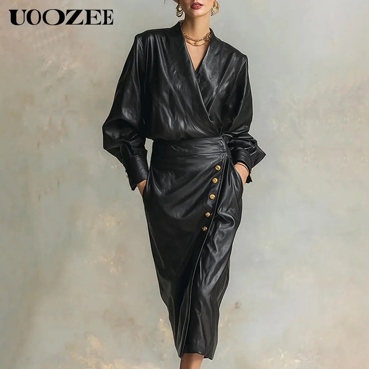 UOOZEE Women's Thick 60% PU Leather Cotton Blend Midi Dress - Casual Chic Hip Pleated A-Line, Full Sleeves, V-Neck, Pocketed Dress, Loose, Comfortable, Minimalist, Basic, Elegant, Fit for All Body Types, Ready To Wear