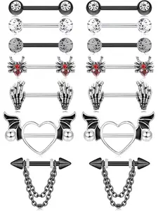 Punk Style Heart & Bat Wing & Hand Design Nipple Rings, Cute Nipple Body Piercing Jewelry for Women, Fashion Accessories for Party, Daily Clothing Decor, Body Piercings Set
