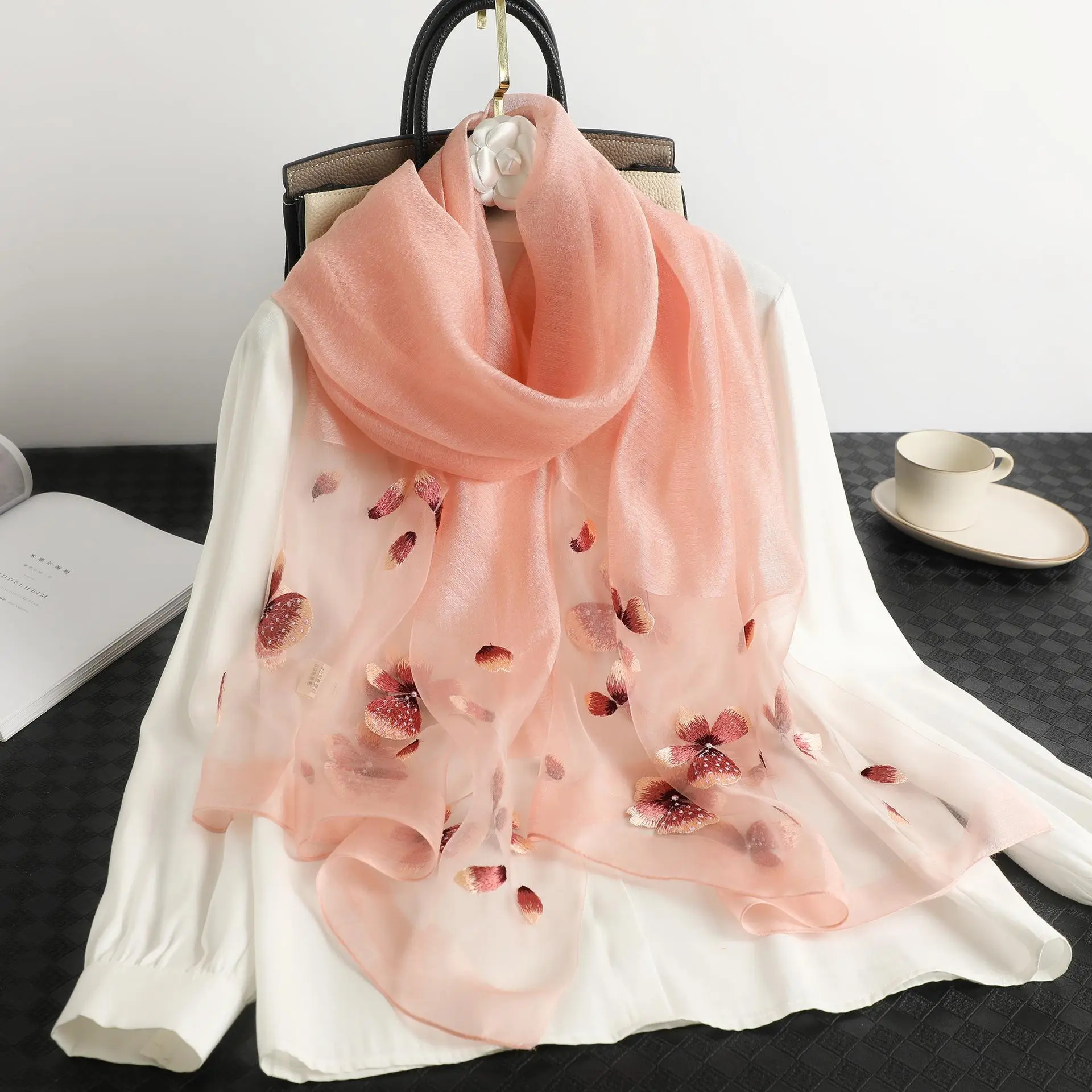 Handmade embroidered scarf spring and autumn mulberry silk embroidered silk scarf versatile shawl