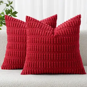 MIULEE 2-Pack Christmas Red Corduroy Pillow Covers 18x18 Soft Striped Throw Covers for Sofa Couch Bed Modern Farmhouse Boho Holiday Home Décor