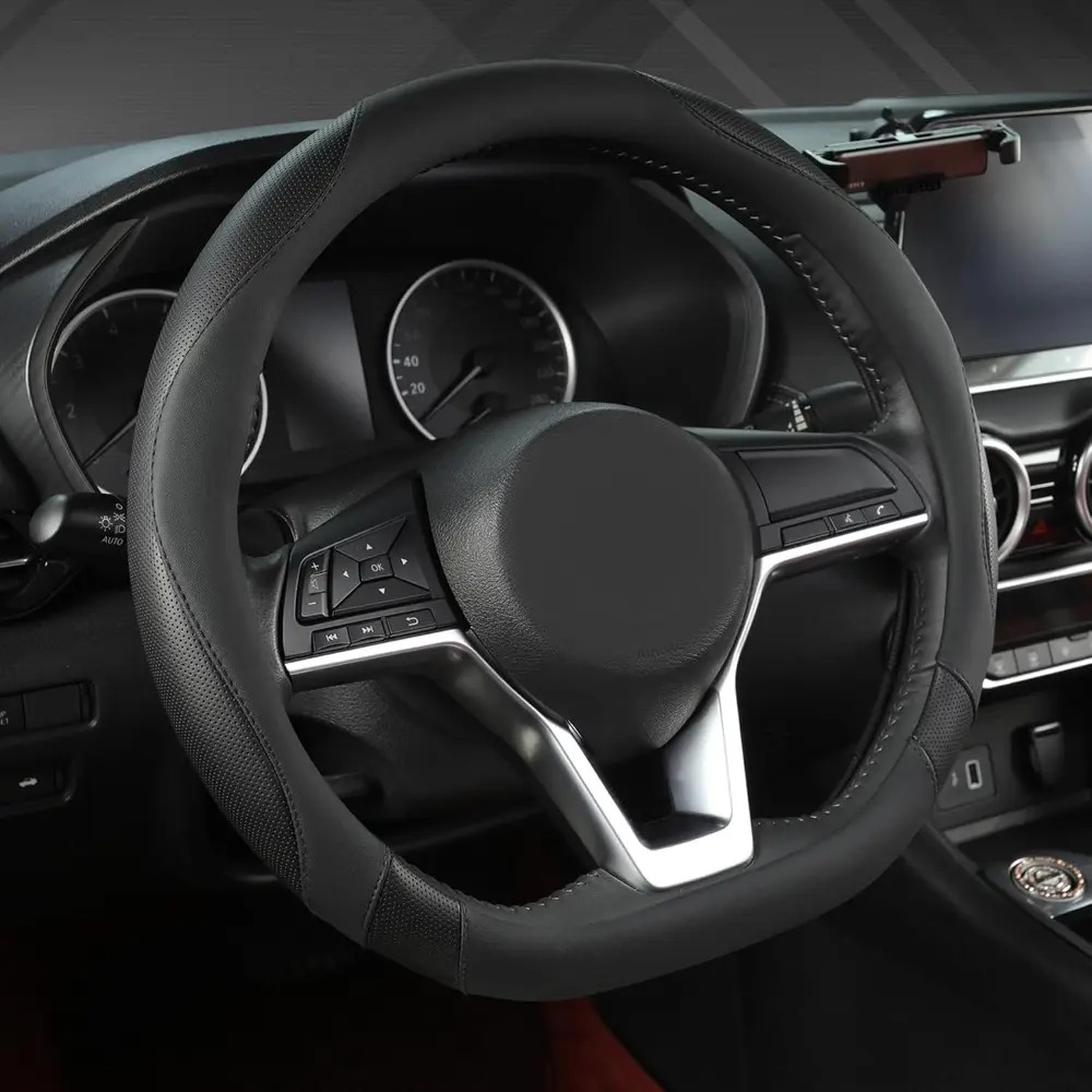 Automotive Car Accessories Flat-Bottom D-Shaped Steering Wheel Cover for Nissan Rogue, Altima, Kicks - Black, Standard Size