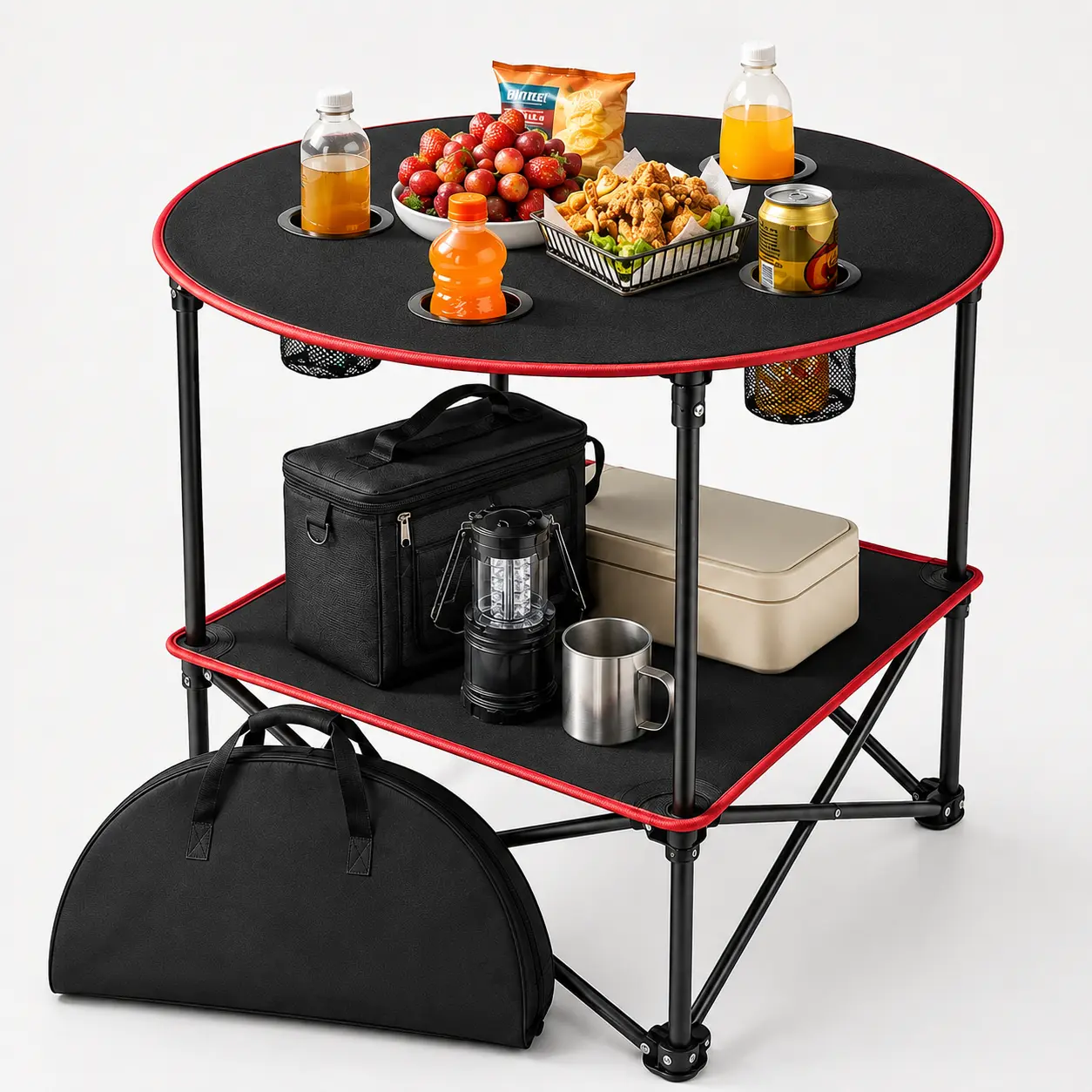 Portable Camping Table, Lightweight Foldable Picnic Table with 4 Cup Holders & Carry Bag, Waterproof Canvas Beach Table, PE & Steel Outdoor Folding Table with Lower Shelf for Camping, Picnic, Patio, Beach, Campfires and Tailgating