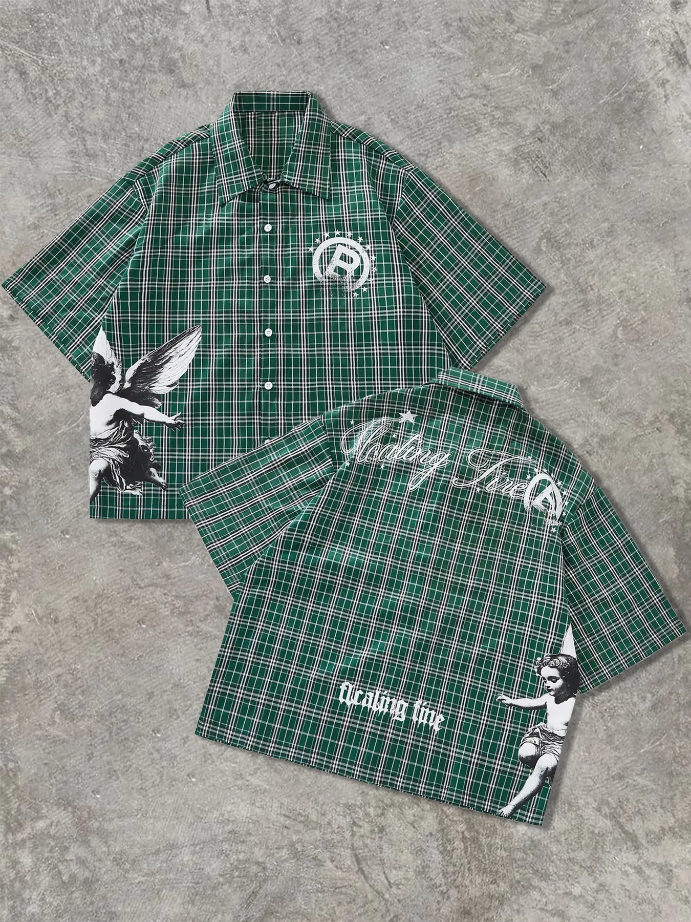 Men's American Street Style Streetwear Short Sleeve Plaid Casual Button Up Shirt, Casual Fitted Collared, Angel Letter Print, Casual Unique Trendy Fashion, All Seasons Fitted Clothing, Menswear, Aesthetics