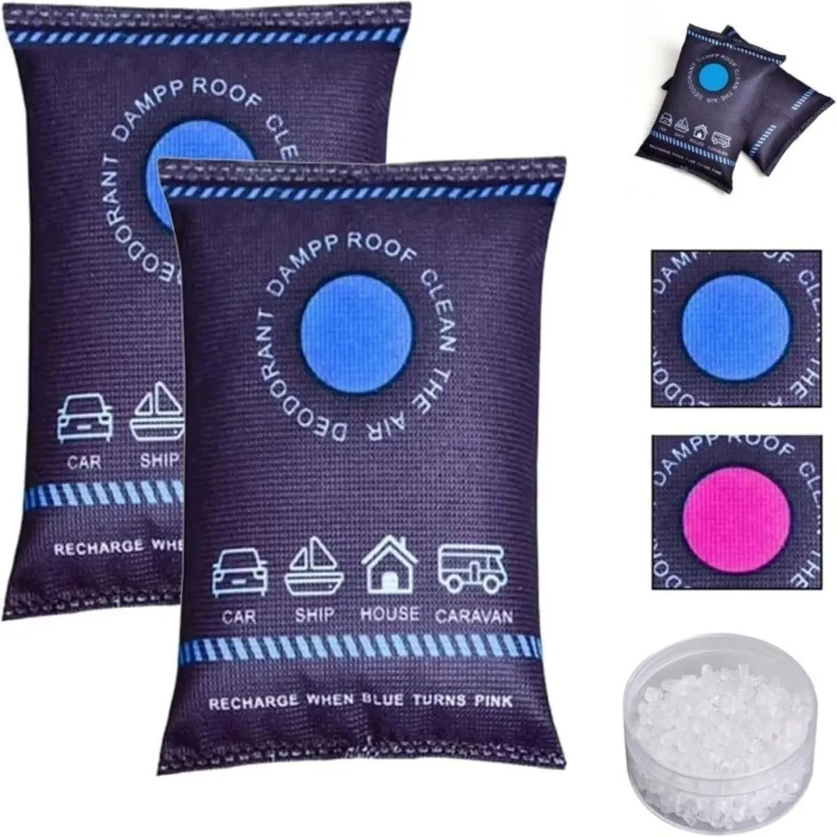 2 Dehumidifier Bags, Visual and Reusable Moisture Absorber Set, Silica Gel Dehumidifier Bags, Suitable for Home, Dormitory Wardrobe, Car, Basement, RV, Dehumidifiers for Home