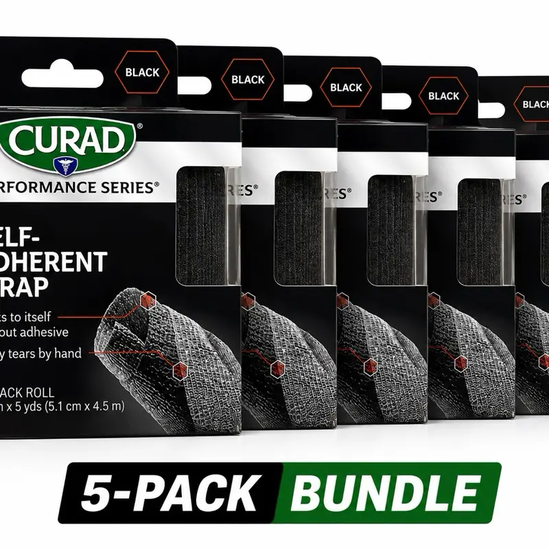 CURAD Performance Series Self-Adherent Wrap Bundle Pack, 5 Rolls, Black, 2 in x 5 Yds, Prop 65 Safe First Aid Medical Supply