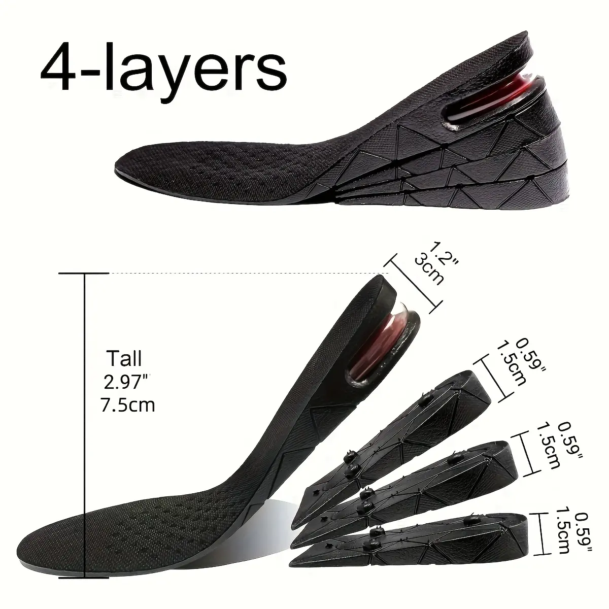 Height Increase Insoles - 3/4.5/6/7.5cm Adjustable Shoe Heel Insole with Air Cushion for Variable Taller Support, Height Increase Insoles for Men & Women Footwear Bedroom Active Tactical