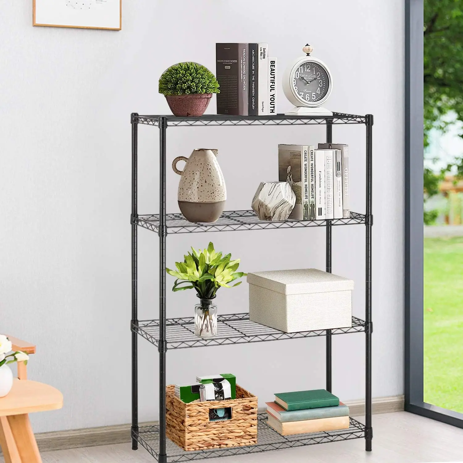 Black 4-Tier Adjustable Commercial Metal Wire Shelf Rack, 36" L×14" W×54" H Durable Steel Organizer - 54" Tall Storage for Kitchen, Garage