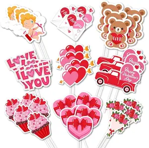 72Pcs Valentine's Day Cupcake Toppers 9 Designs Heart Bear Cupid Cake Toppers Cute Party Cupcake Toppers with Sticks and Glue Point for Valentine's Day Birthday Anniversary Party Supplies
