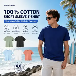 Mega Tshop Menswear 100% Cotton 4.0 oz Regular Fit Round Neck Short-Sleeve T-Shirt - Unisex Plain Blue Depths Casual Top, Moisture-Wicking, Breathable Summer Basic Crewneck Clothes