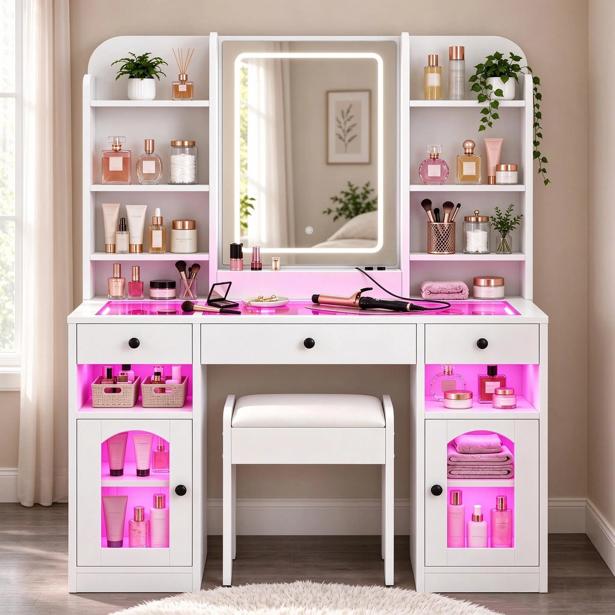 43.2" Vanity Desk with LED Mirror and Lights,Glass Top Dressing Table with RGB Glass Light Cabinets and 3 Drawers,Storage Shelves and Stool,for Bedroom ,White