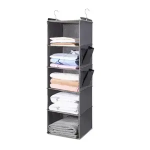 Foldable Grey Hanging Closet Organizer with 5 Shelves & 2 Side Pockets Hangable Storage Rack for Efficient Closet Organization