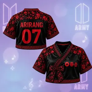 Arirang World Tour 2026 Hanbok Crop Jersey, Korean Floral V-Neck Concert Shirt, Kpop Fan Outfit, Streetwear Merch Gift