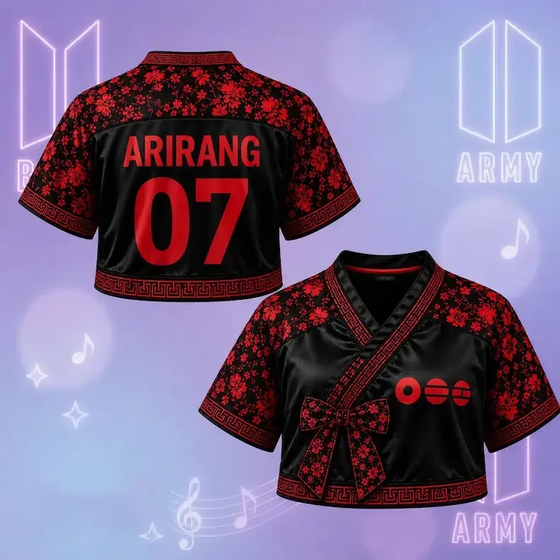 Arirang World Tour 2026 Hanbok Crop Jersey, Korean Floral V-Neck Concert Shirt, Kpop Fan Outfit, Streetwear Merch Gift