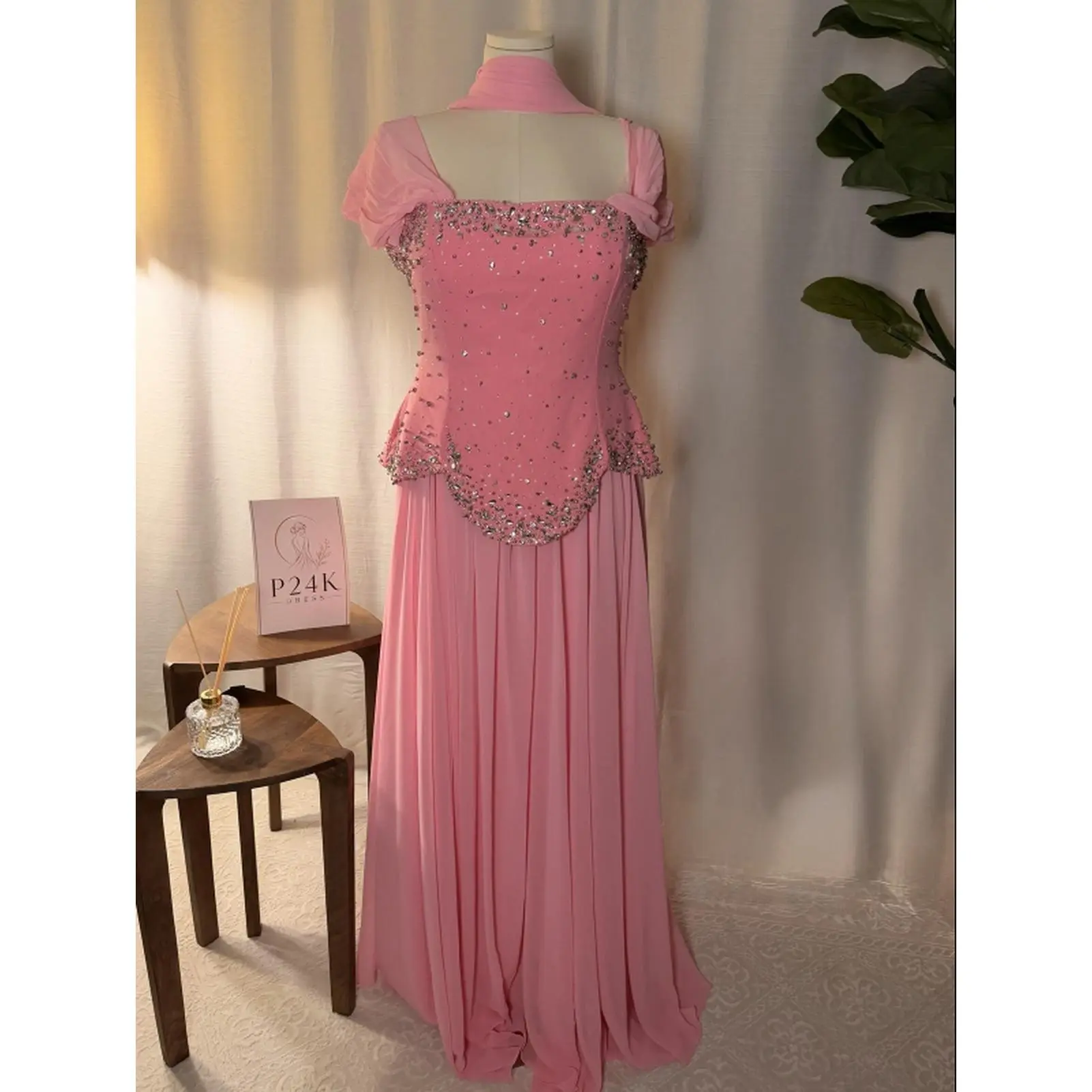 P24K Handmade Crystal Details Pink Dress Sizes 38-48 Ready to Ship in USA Made in Turkey Limited Quantities
