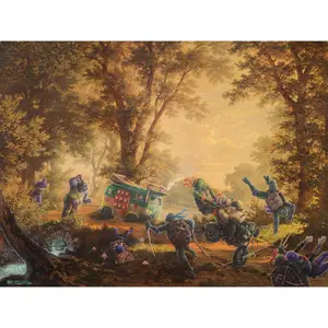 Retro Mutant Turtle Action Canvas Poster, Fantasy Forest Battle Wall Art, Cartoon Adventure Print, Unframed Canvas Poster for Game Room Bedroom Decor