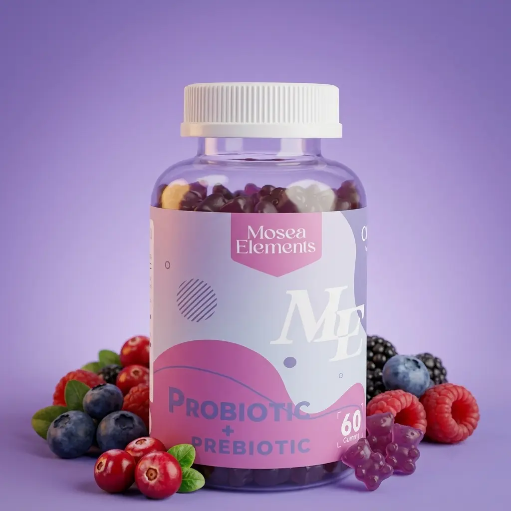 Mosea Elements Probiotic & Prebiotic Gummy Bears for Adults & Kids | Mixed Berry Flavor | No Artificial Colors | 60 Count Daily Gut Wellness Supplement