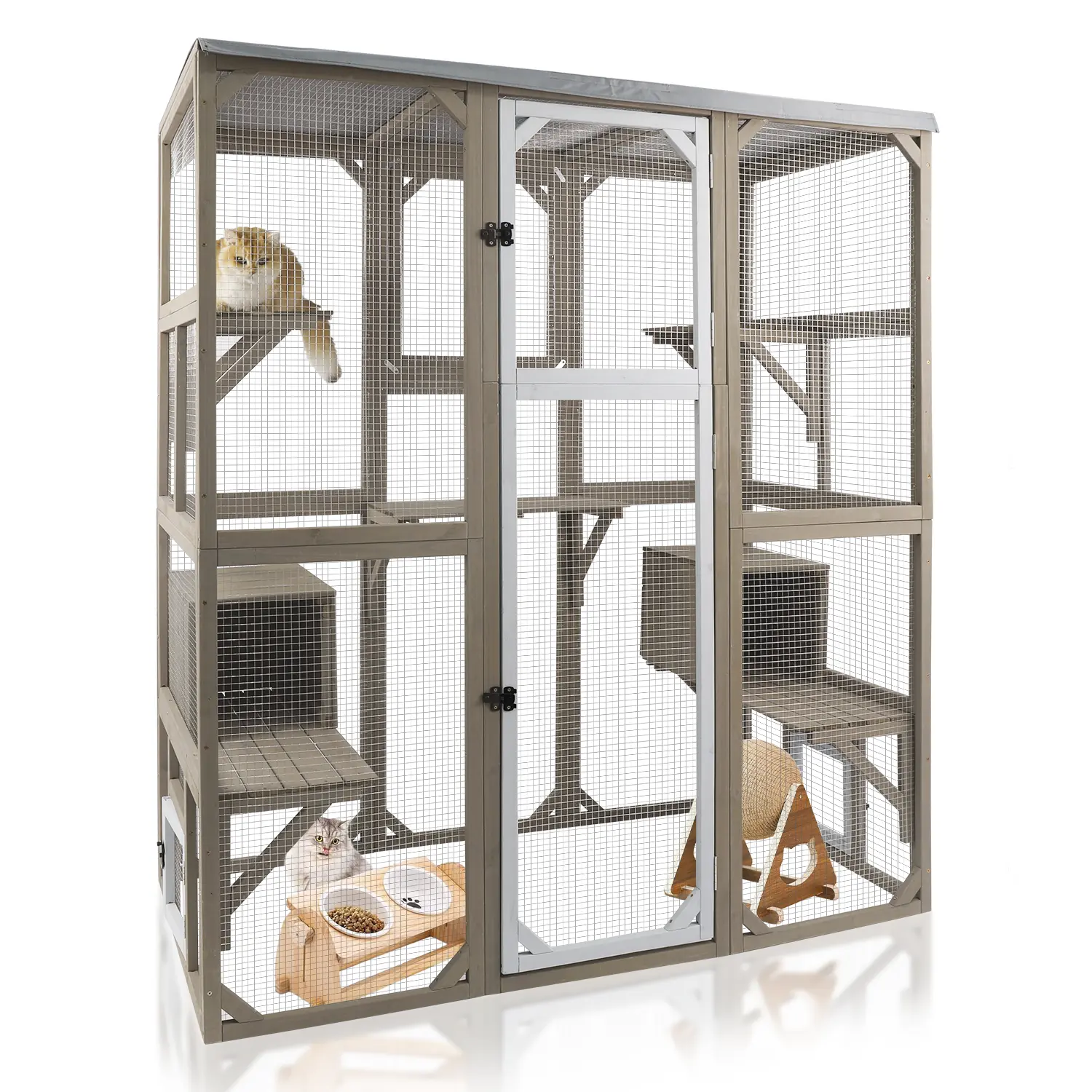 Petscosset 4-Tier Large 7.7 sq ft Wooden Catio, Weatherproof Sunproof Roof, 5 Platforms & 2 Resting Boxes, Lockable Safety Doors, Window & Cat Tunnel Connectable, Indoor & Backyard Multi-Cat Cat Enclosure