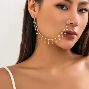 Nose ring puncture jewelry earrings women's chain nose nail stage no drilling rhinestone tassel