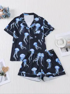 2 pieces of women's blue jellyfish print short sleeved shorts, comfortable lapel pajama set, knitted top, pocket elastic waistband, suitable for all seasons casual classic home wear