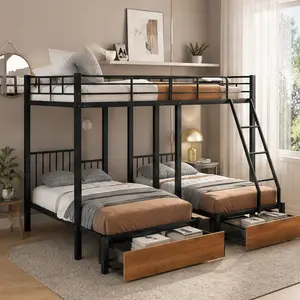 ARCH Full Over Twin & Twin Triple Bunk Bed Metal Frame with Drawers Guardrails Ladder Black for Kids Teens Bedroom Space-Saving Sleepover Solution 3 Beds in 1, Black Color Options, Metal & Wood Material, Product Weight: 166.45 lb, Color: Black