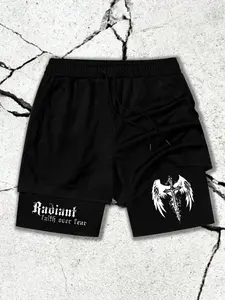 "Radiance Reborn in Fear" print double-layer casual, breathable and comfortable men's graphic print shorts with drawstring elastic strap summer athleisure shorts