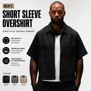 ANANKE Men's Dark Grey Cropped Cuban Button-Down Shirt, Short-Sleeve Oversized Streetwear Top