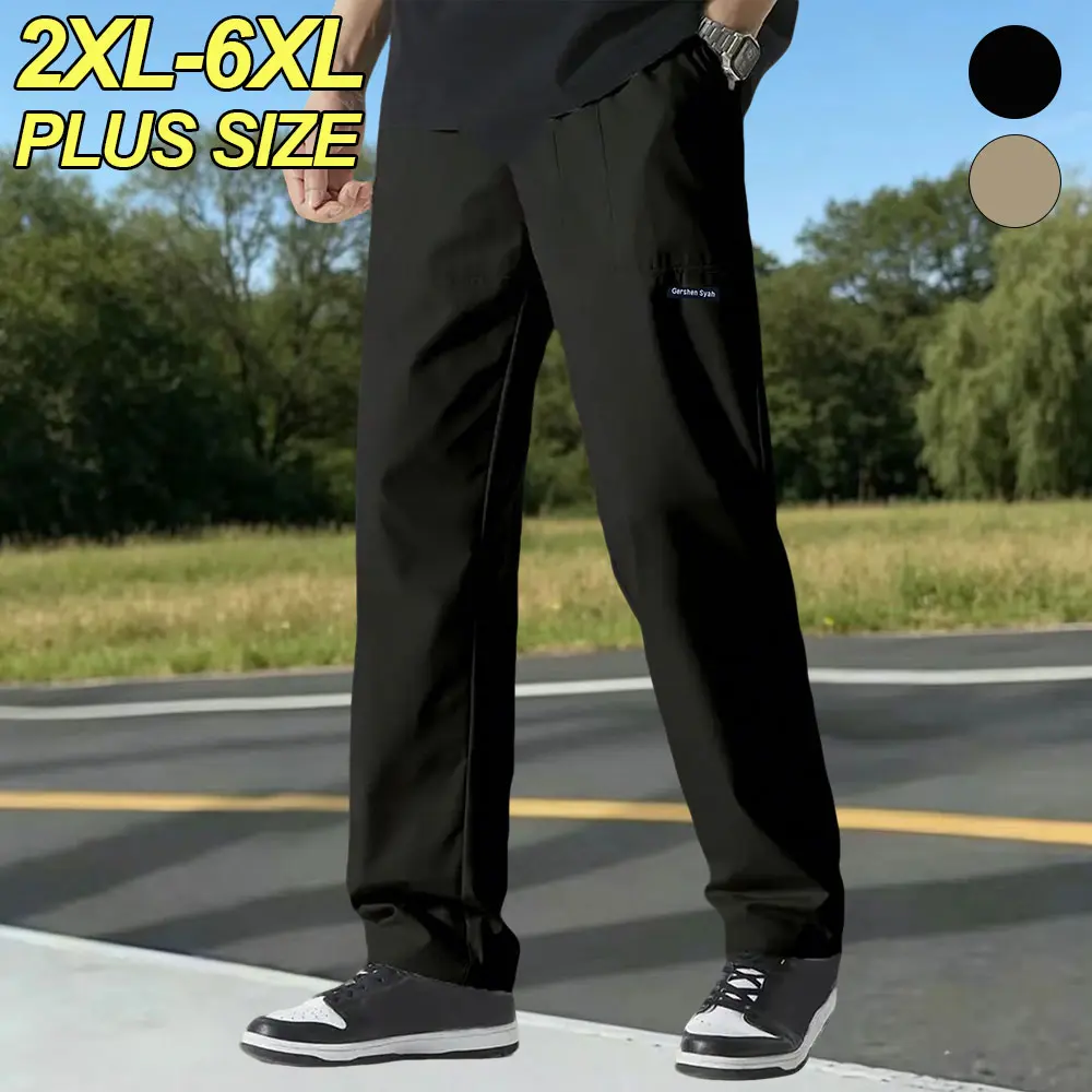 2XL–6XL Plus Size Men’s Minimalist Low-Logo Straight Casual Pants, Extra Wide Drapey Loose Fit, Versatile Commuter Dress Pants Style, Solid Color, Drawstring Elastic Waist, Suitable for Home Lounging, Daily Commuting, and Outdoor Activities