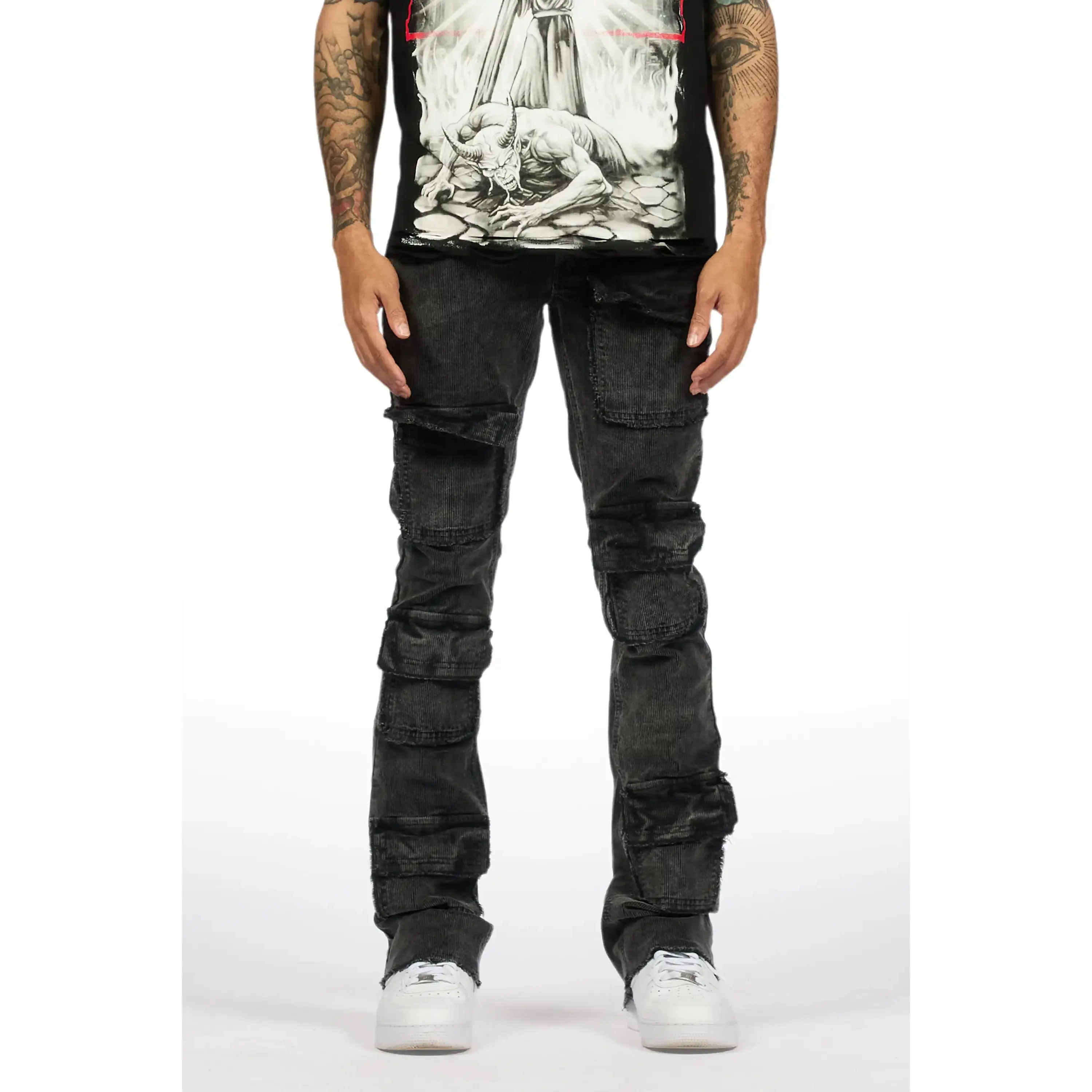 Petrus Grey Stacked Flare Corduroy Pant