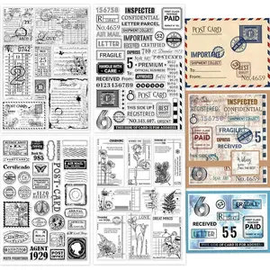 4 Sheets Big Size Vintage Postage Postcard Clear Stamps for Card Making 11.7x8.3inch Text Background Silicone Stamp Seals Transparent Stamps for DIY Scrapbooking Journals Decorative Photo
