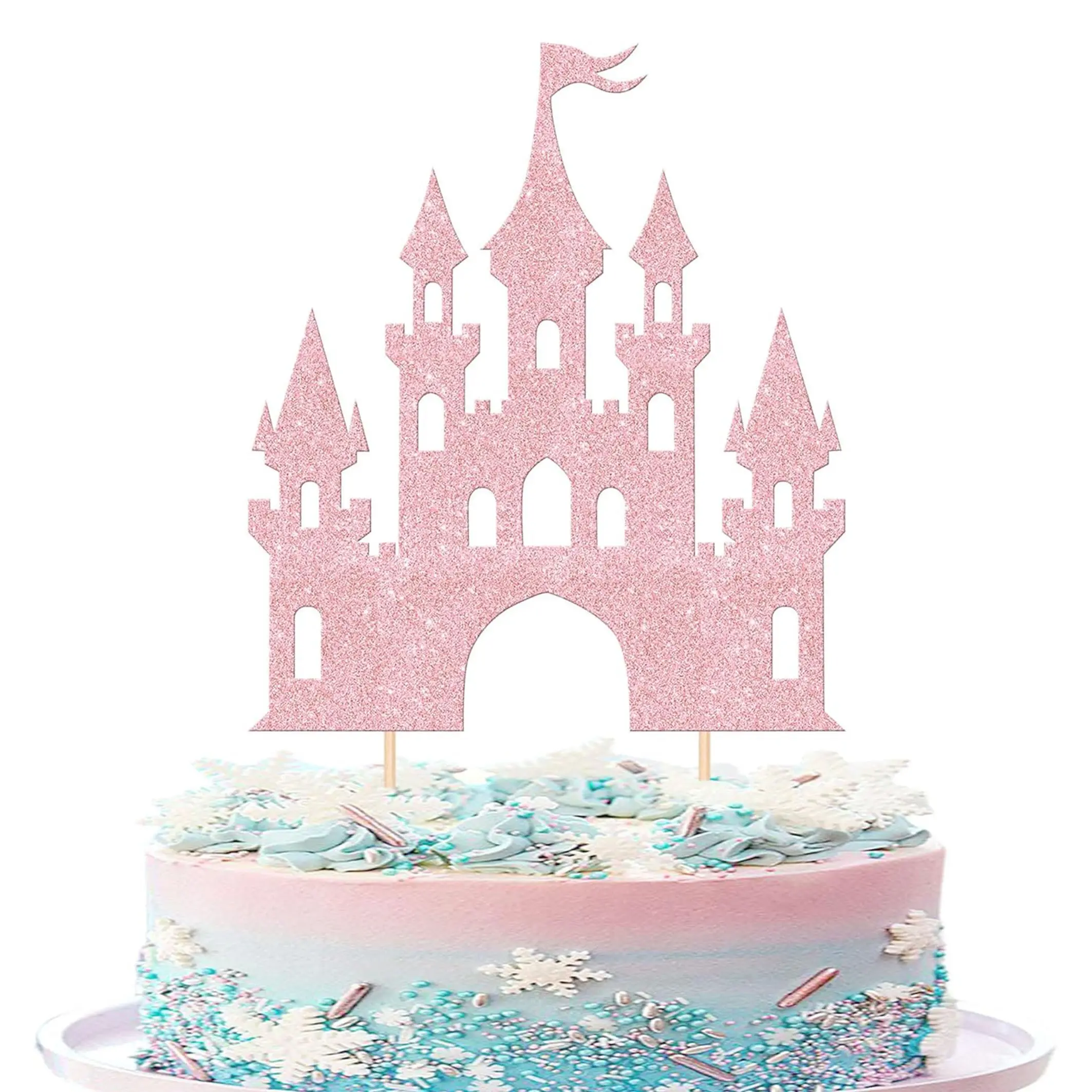 1PC Castle Cake Topper Glitter Princess Cake Topper Castle Theme Birthday Party Decoration Princess Happy Birthday Cake Decoration for Baby Shower Girls Princess Birthday Party Supplies Cake Decorating Supplies Light Pink