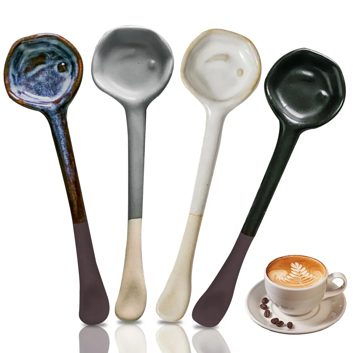 4 Pcs Coffee Spoons Set, Ceramic Vintage Afternoon Tea, Handmade Long-Handle Coffee Scoop, Tea Scoop for Loose Tea, Dinner Serving Spoon, Multifunctional Measuring Spoon, Ceramic Dish Cutlery, Utensils